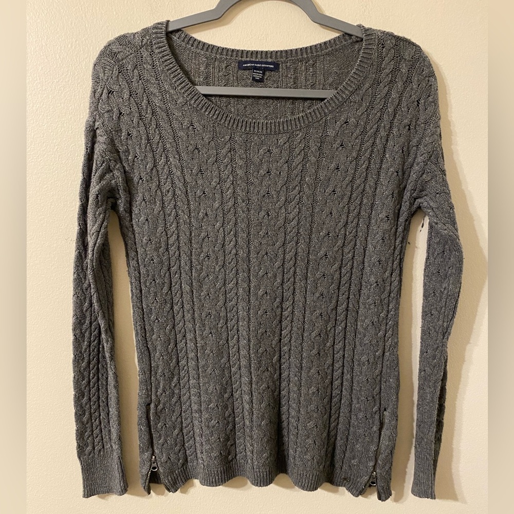 Women’s Gray American Eagle Rib Knit Side Zipper Crewneck Sweater Size Medium